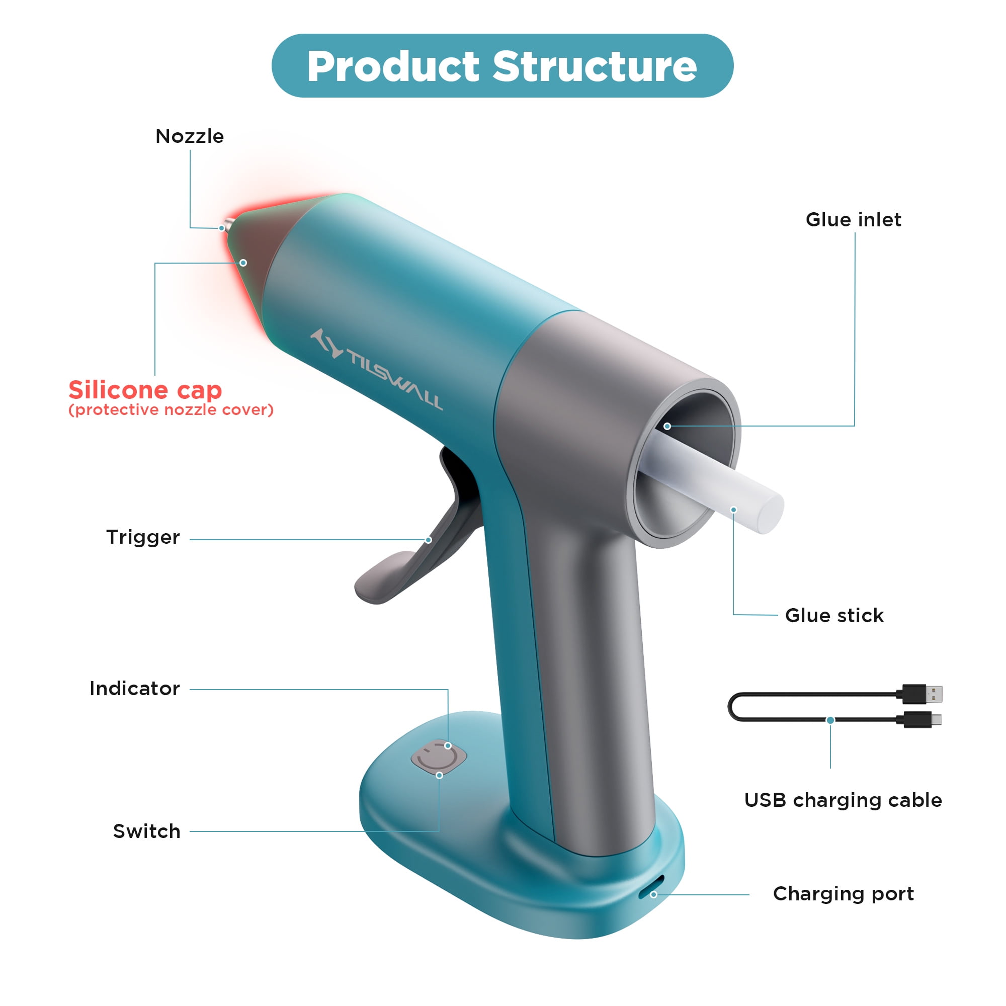 Tilswall Cordless Hot Glue Gun, High Temperature, 30s Fast Preheating Anti-drip Glue Gun, 2Ah USB-C Rechargeable, with 20 Pcs Mini Glue Sticks Set for DIY Craft, Home Decor, Blue