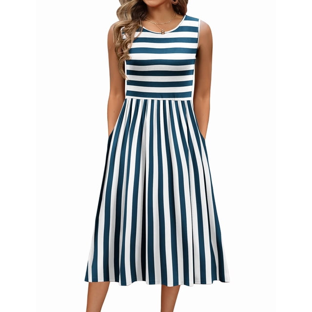 Vestido Zeagoo Boho a rayas florales de verano con cuello en O para mujer
