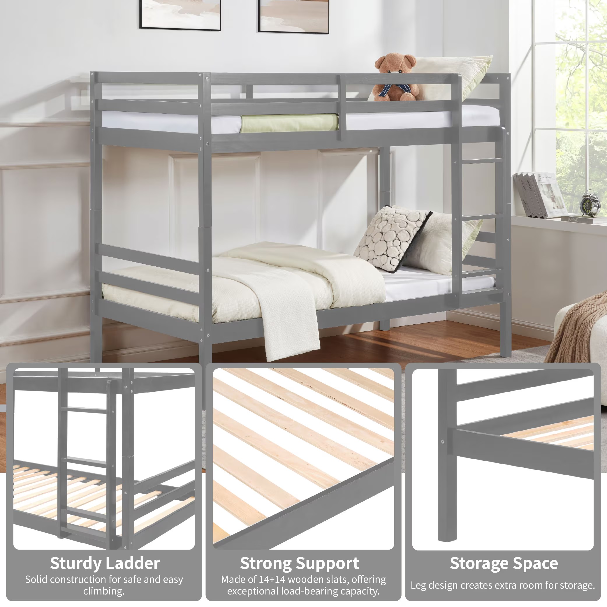 Aukfa Twin over Twin Bunk Bed, Wooden Bunk Bed with High Guardrail for Kids/Teens and Dorm Room/Guest Room, Gray