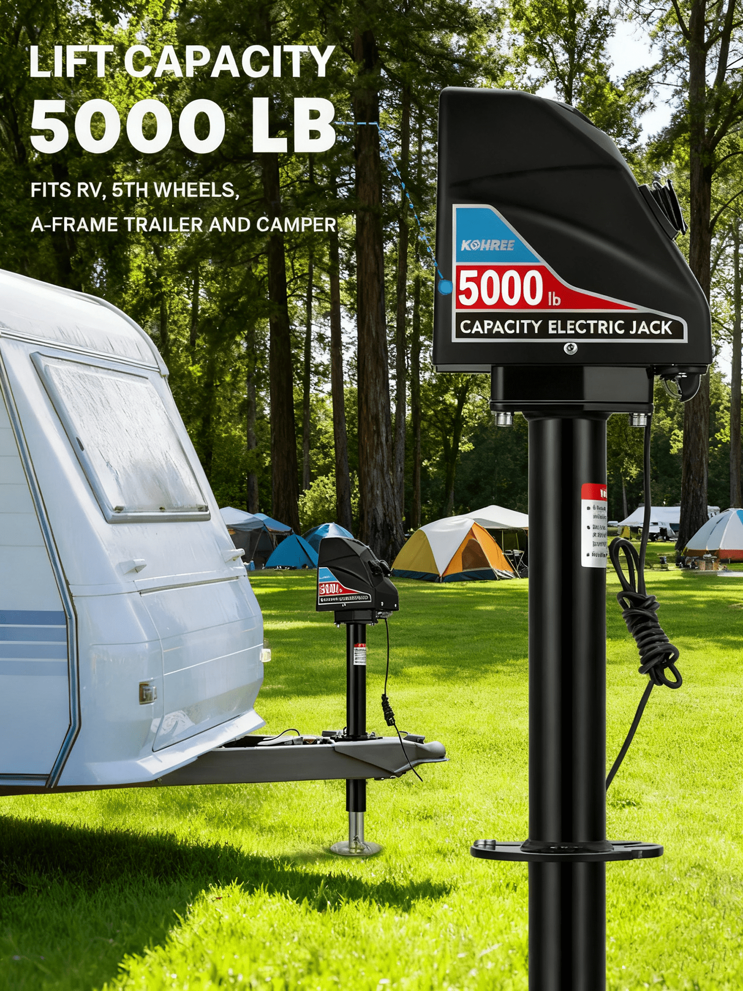 Kohree RV Electric Trailer Jack 5000lbs, Upgraded Stainless Steel Electric Power Tongue Jack with Cover & LED Light,12V with Wiring,9.8"-31.7" Lift
