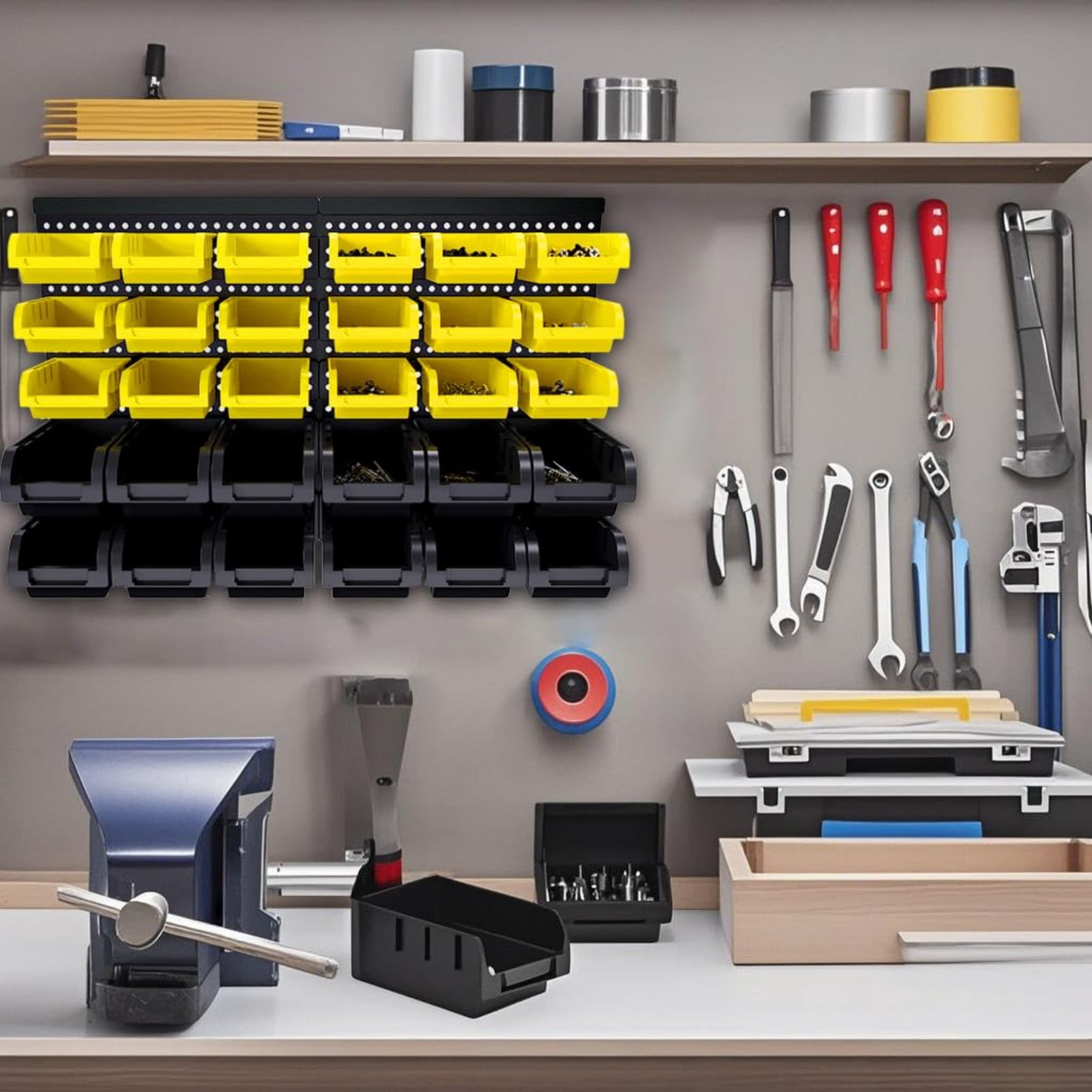 Wall Mounted Storage Bins Organizer Set, 30PCS Plastic Nut & Bolt Organizer with Pegboard, Screw Storage Bins for Garage, Workshop, Craft & Hardware Organization (Yellow & Black, Small)