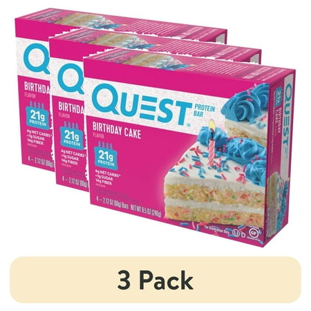 (3 pack) Quest Protein Bar, Birthday Cake Flavored, Gluten Free, 20g of Protein, 4 Count