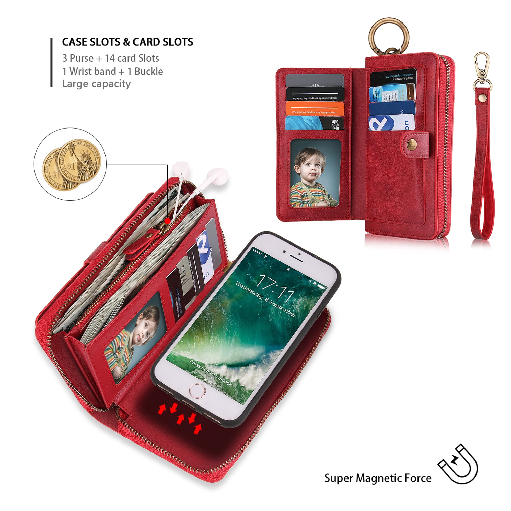 iPhone 8 Wallet Detachable Case, iPhone 7 Case, Dteck [wrist band & metal buckle & 14 Card Slots] Zipper Purse Phone Case Multi-function Folio Flip Weave PU Leather Removable Magnetic Back Cover, Red