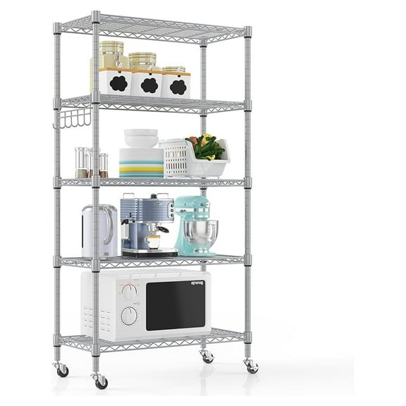 5-Tier Storage Shelf Wire Shelving Unit on Wheels, Adjustable Heavy Duty Metal Shelves with Side , Steel Rack Organization for Kitchen Garage Basement, Silver