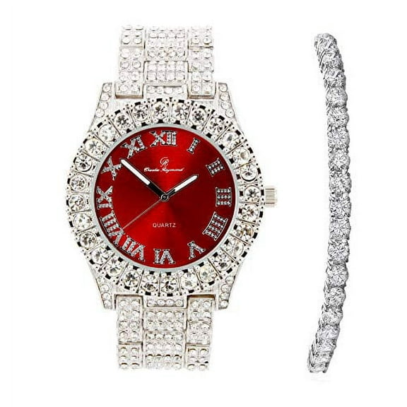 Women's Big Rocks Bezel Colored Dial with Roman Numerals Fully Iced Out Watch and Matching Beautiful Sparkling Tennis Bracelet Set - ST10327LA (TLA Silver - Blood Red)