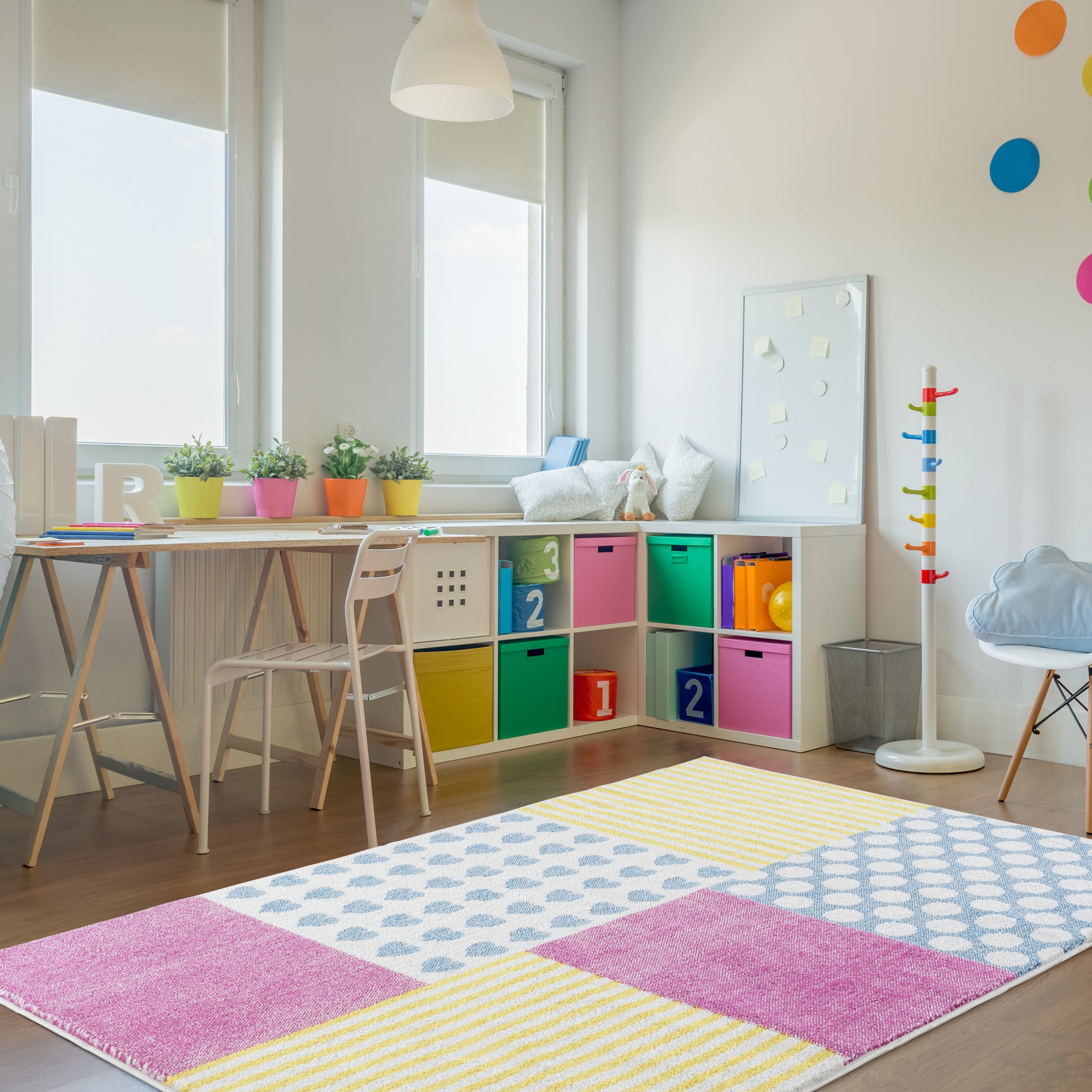 LR Home Ziv 1'10" x 3' Pink/Yellow Patchwork Durable Performance Children’s Indoor Area Rug