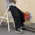 thumbnail image 3 of Men Solid Cargo Pants Straight Cylinder Loose Leg Waist Drawcord Street Trousers, 3 of 11