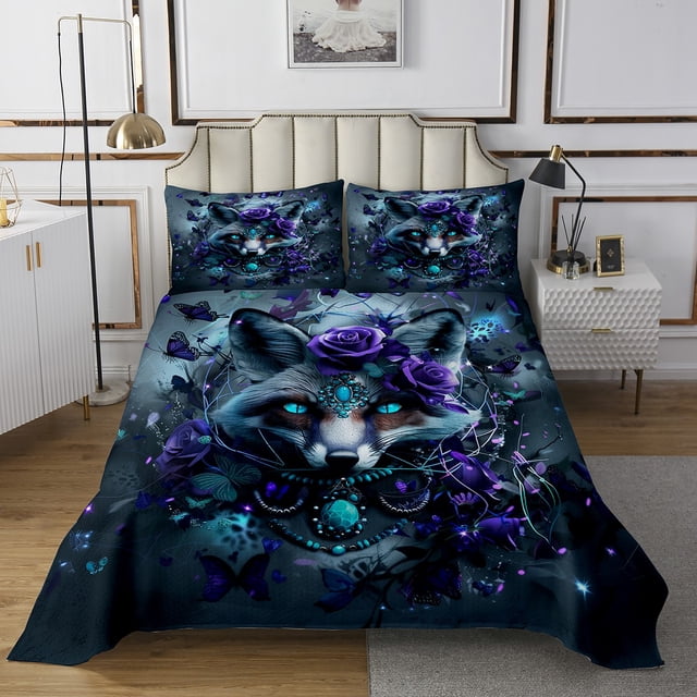 Ensemble de Courtepointe Goth Renard Attrape-Rêves Couvre-Lit, Ensemble de Couvre-Lit Fleurs Roses Violettes Queen, Décor Bohème Exotique Animaux de la Forêt