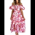 thumbnail image 2 of Vestido Midi Informal de Verano para Mujer, de Corta, Abullonado, con Cuello Cuadrado y Volantes Escalonados Flores de Color Rojo XL, 2 of 7