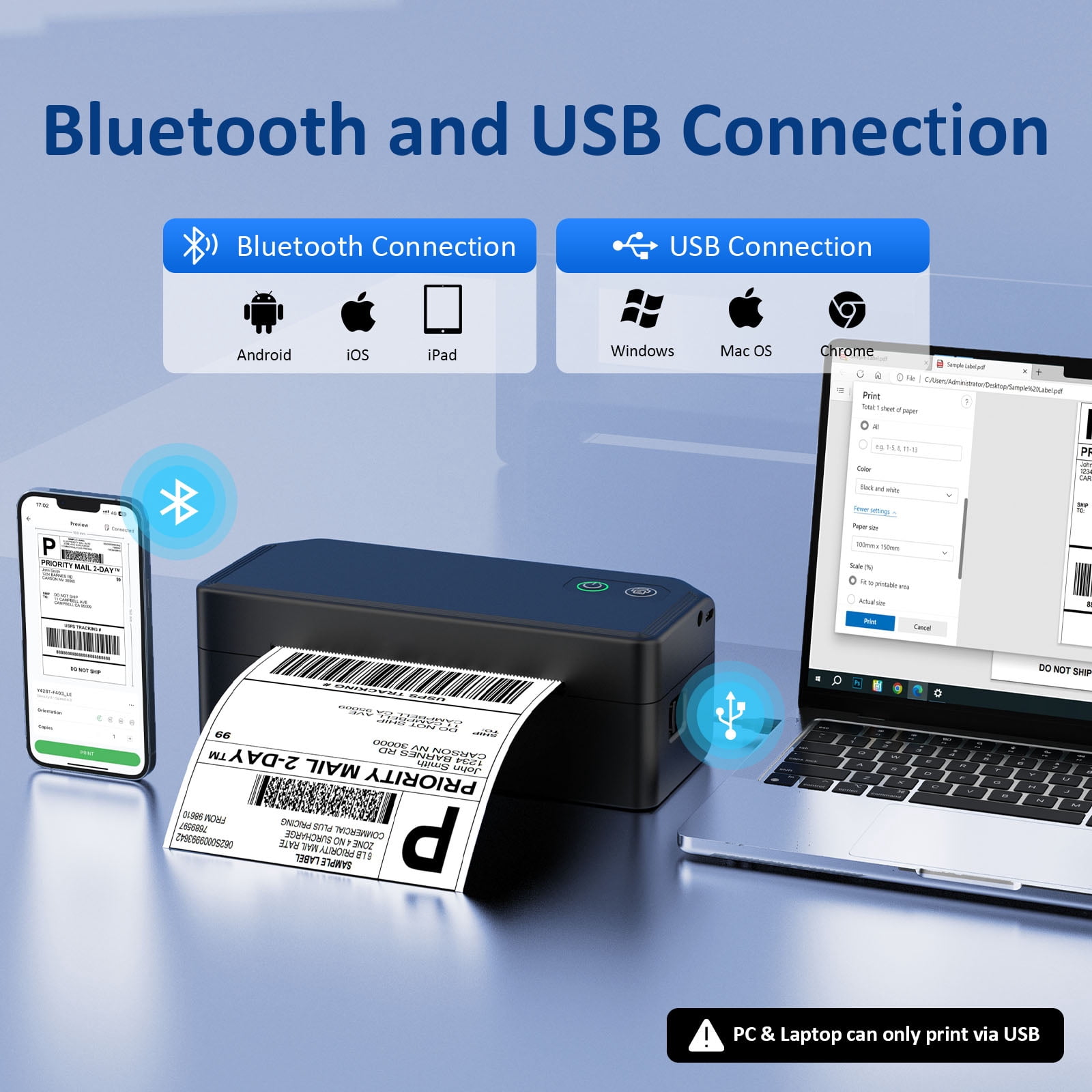 Shipping Label Printer 4x6, Bluetooth Thermal Label Printer for Small Business, Warehouse or Home Office, Compatible with Windows iOS Android Mac, USPS Amazon Ebay Etsy Black