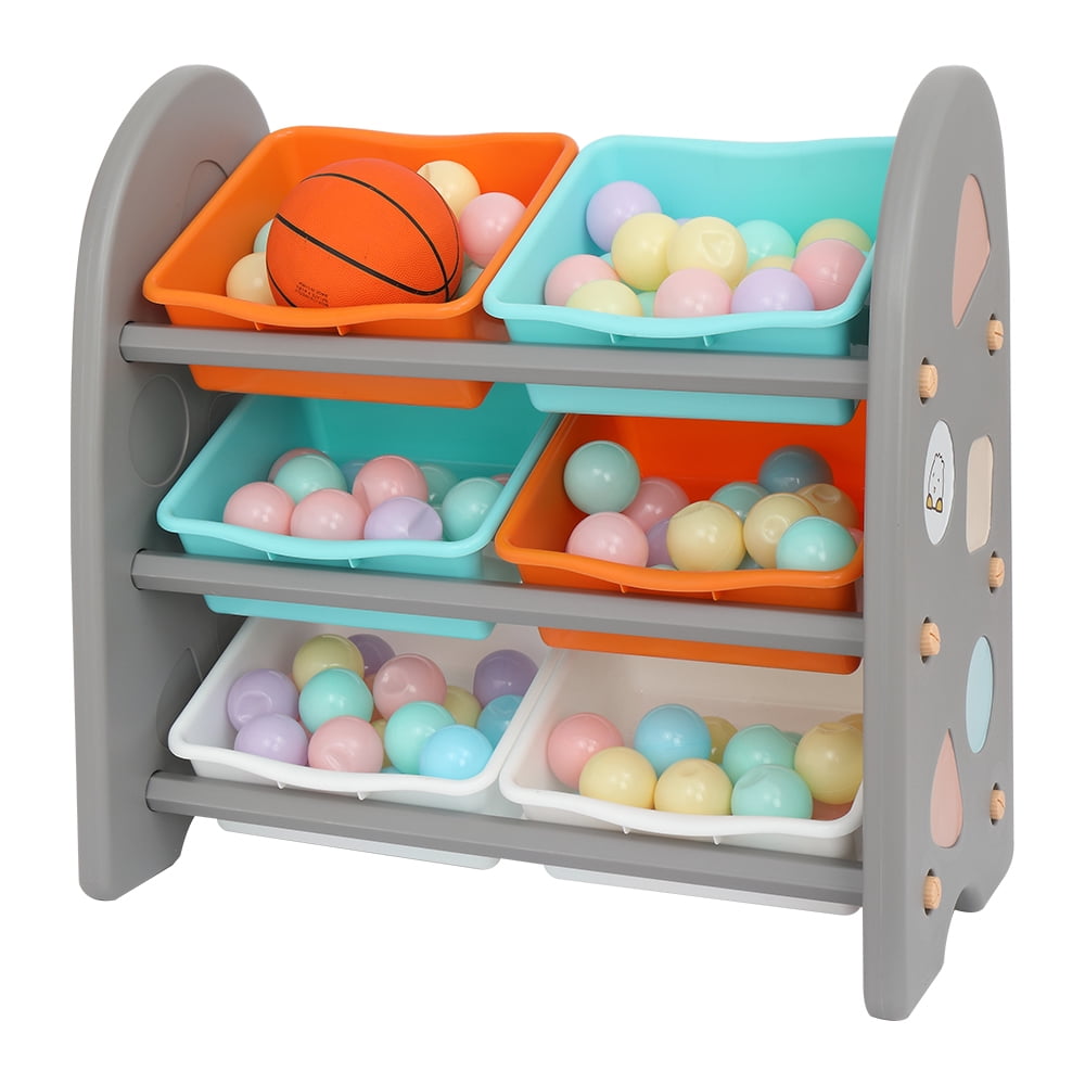 Private Jungle Wooden Kids' Toy Storage Organizer with 6 Plastic Bins，Gray Color