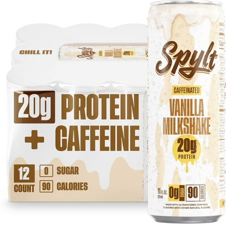 SPYLT High Protein Milk, 60 mg Caffeine, 20g Protein, Sugar and Lactose Free, Vanilla, 11 oz, 12 Count