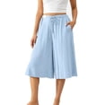 thumbnail image 2 of Tnhcen Women's 100% Cotton Prewashed Wrinkled Light Blue Drawstring Waist Seven Inch Casual Pants Elastic Waistband Culotte Trousers Loose Fit Comfortable Plus Size S-2XL, 2 of 9