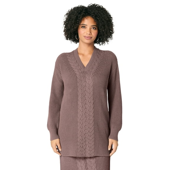 Roaman's Women's Plus Size Cable Knit V Neck Sweater