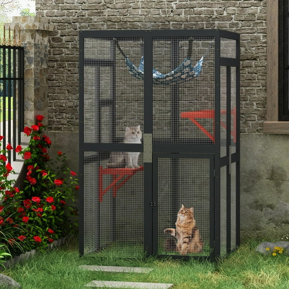 Outdoor cat enclosure, wooden cat house with patio walk-in window, indoor kitten house