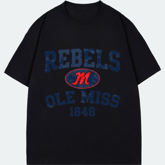 Ole Miss Rebels T Shirt Black College Logo Graphic Print Casual Wear For Men And Women University Spirit Apparel 1848 Vintage Style Design