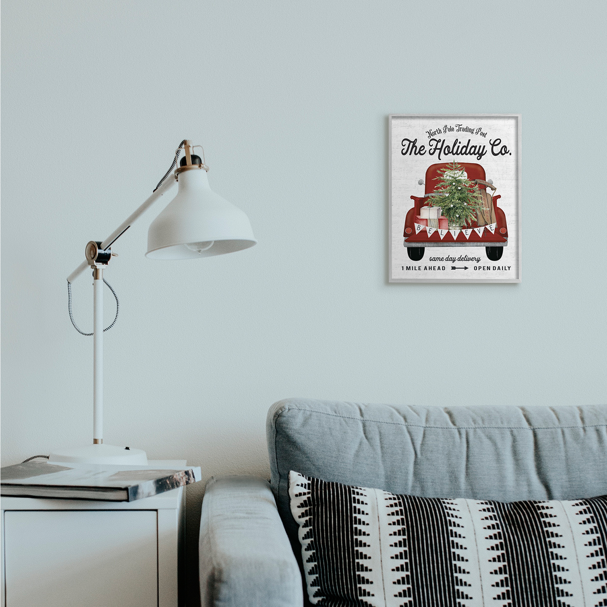 Stupell Industries Red Holiday Truck Winter Green Fir Tree Holiday Painting Gray Framed Art Print Wall Art, 11 x 14