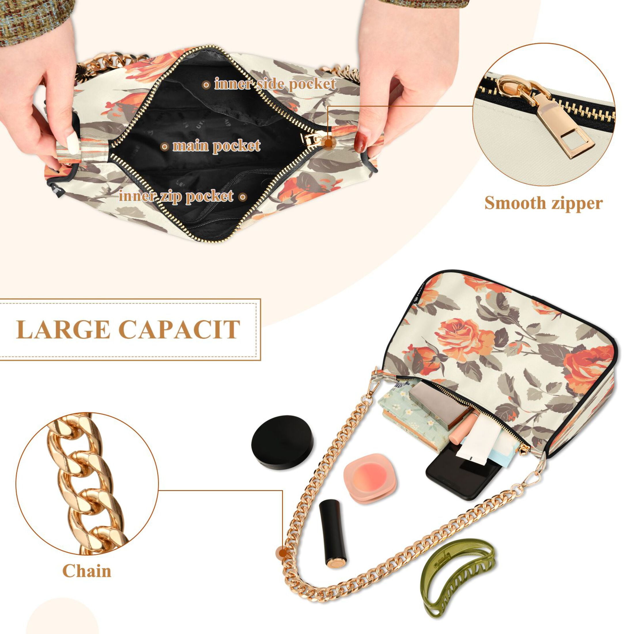Ryvnso Retro Rose Womens Chain Shoulder Bag Tote Handbags Clutch Hobo Purse with Zipper for Travel