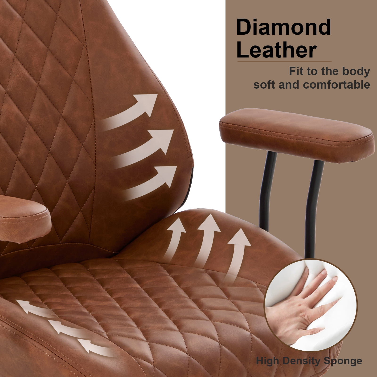 E-Motie Home Office Desk Chair, Ergonomic High Back Leather Computer Chair with Lumbar Support, Adjustable Height & Recline, Swivel Executive Office Chair with Armrests and Rubber Casters, Brown
