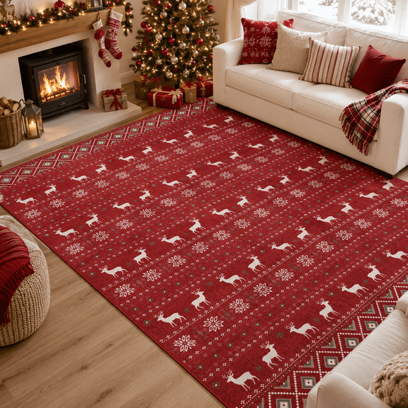 Wondiair 5x7 Christmas Area Rug for Living Room, Reindeer and Snowflake Design, Washable Non-Slip Low Pile for Bedroom Dining Room,Red