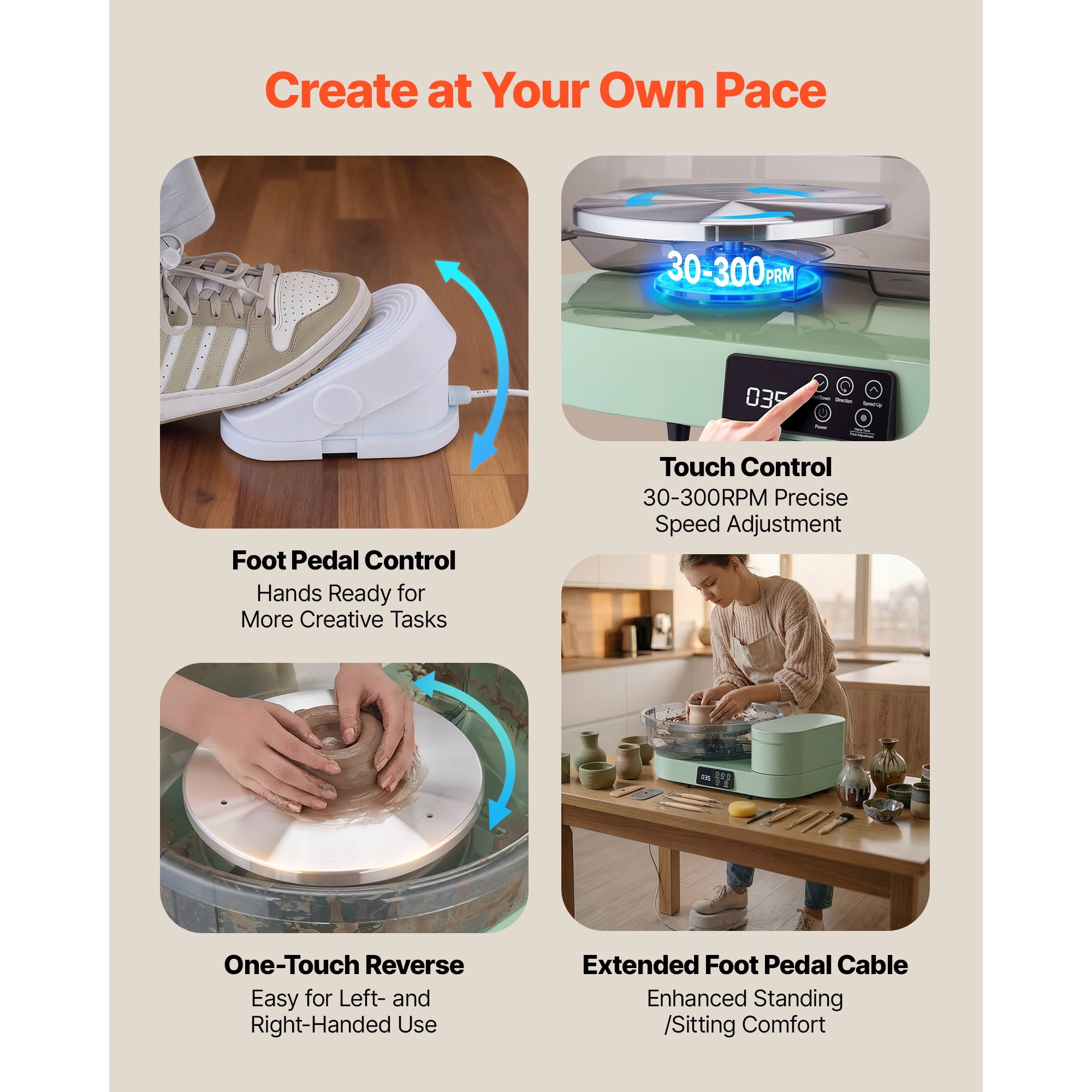 KFFKFF Electric Pottery Wheel for Adults, 14" and 11" Turntables, 450W Tabletop Ceramic Wheel with Foot Pedal, Adjustable Speed 30-300 RPM, Durable Aluminum Build, Ideal for Beginners