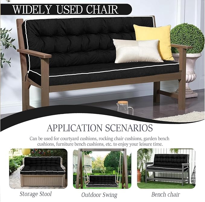 YLLN Porch Swing Cushions, Patio Furniture Cushions With 4" Thicken Backrest, Waterproof & Machine Washable, with Ties, Bench Cushions For Outdoor Furniture（40"x55"Black）