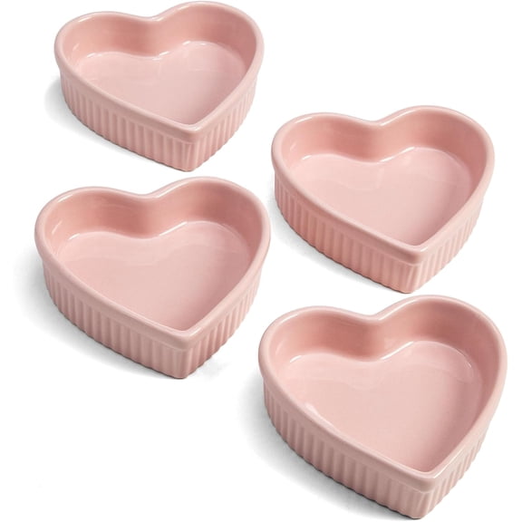 Heart Shaped Ramekin Set, Mini Ceramic Ramekins, Oven Safe Baking Dishes, Dishwasher Safe, 4-Piece Set, Pink