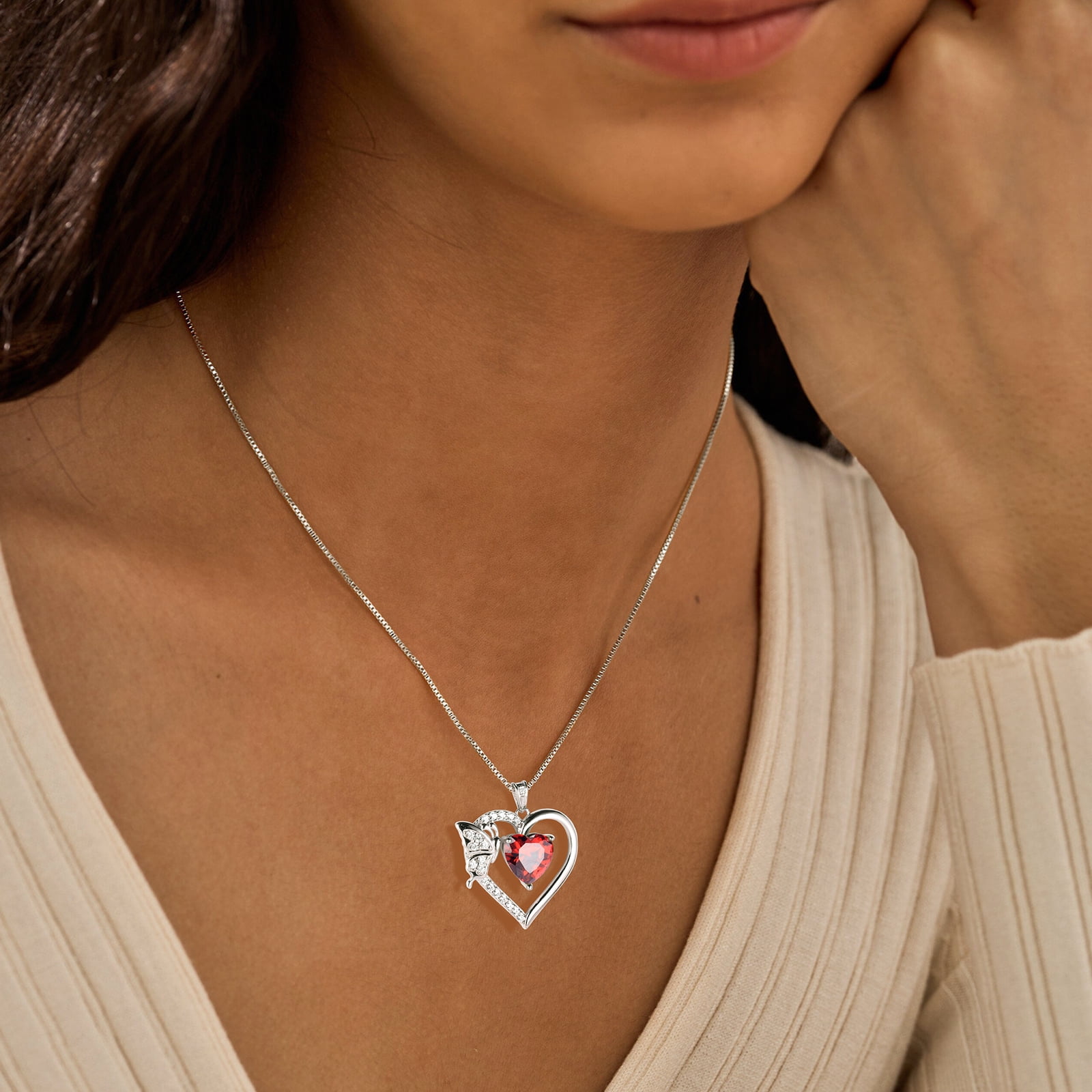 Red Heart Necklace Butterfly January Birthstone Necklace Garnet 925 Sterling Silver Pendant Jewelry Women Birthday Christmas Mother's Day Gifts