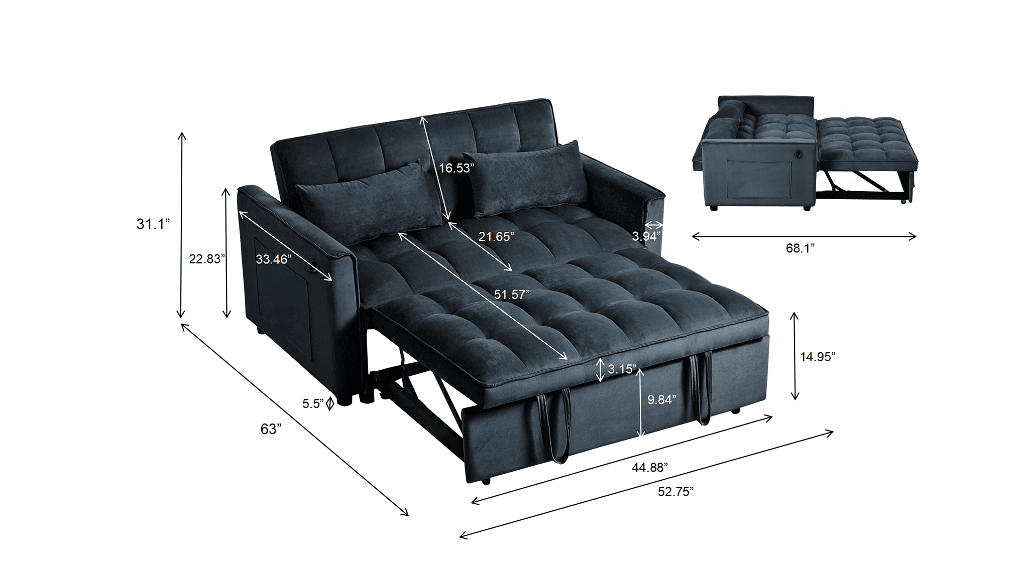 Gewnee 3 in 1 Modern Convertible Sleeper Sofa Bed,Velvet Pull Out Couch with Adjustable Backrest,USB,Side Pockets,Black Loveseat Futon for Living Room,Apartment
