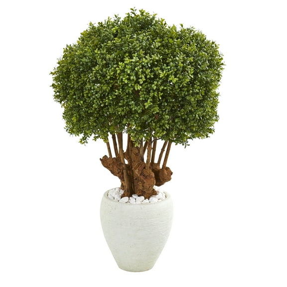 Nearly Natural 41” Boxwood Artificial Topiary Tree in White Planter (Indoor/Outdoor)