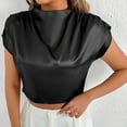 thumbnail image 4 of Qulqfy Work Blouses for Women Black Cropped Satin Silk Petite T-Shirt Short Sleeve Shirt Womens Trendy Tops L, 4 of 7