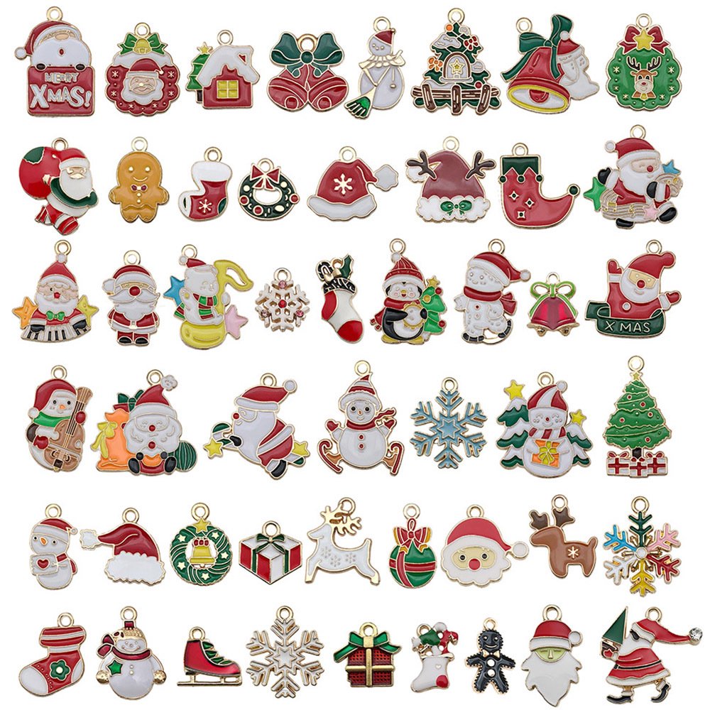50 Pcs Christmas Elk Snowman Themed Enamel Charm Pendants for Jewelry Making, Assorted Gold Plated Dangle Charms for DIY Bracelet Necklace Earring Craft