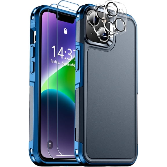 SWT123 for iPhone 14 Case, [15 FT Military Grade Drop Protection][Non-Slip] [2 Tempered Glass Screen Protectors][2 Tempered Camera Lens Protectors] Heavy Duty Shockproof Case, Dark Blue