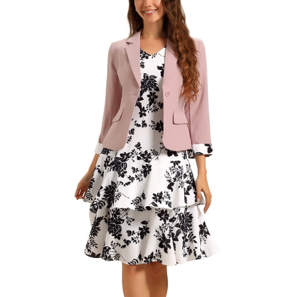INSPIRE CHIC Women's Dress and Jacket 2 Piece Sets Chiffon Floral Sleeveless Dress and Contrast Panel Jacket Outfit Sets M Pink Beige