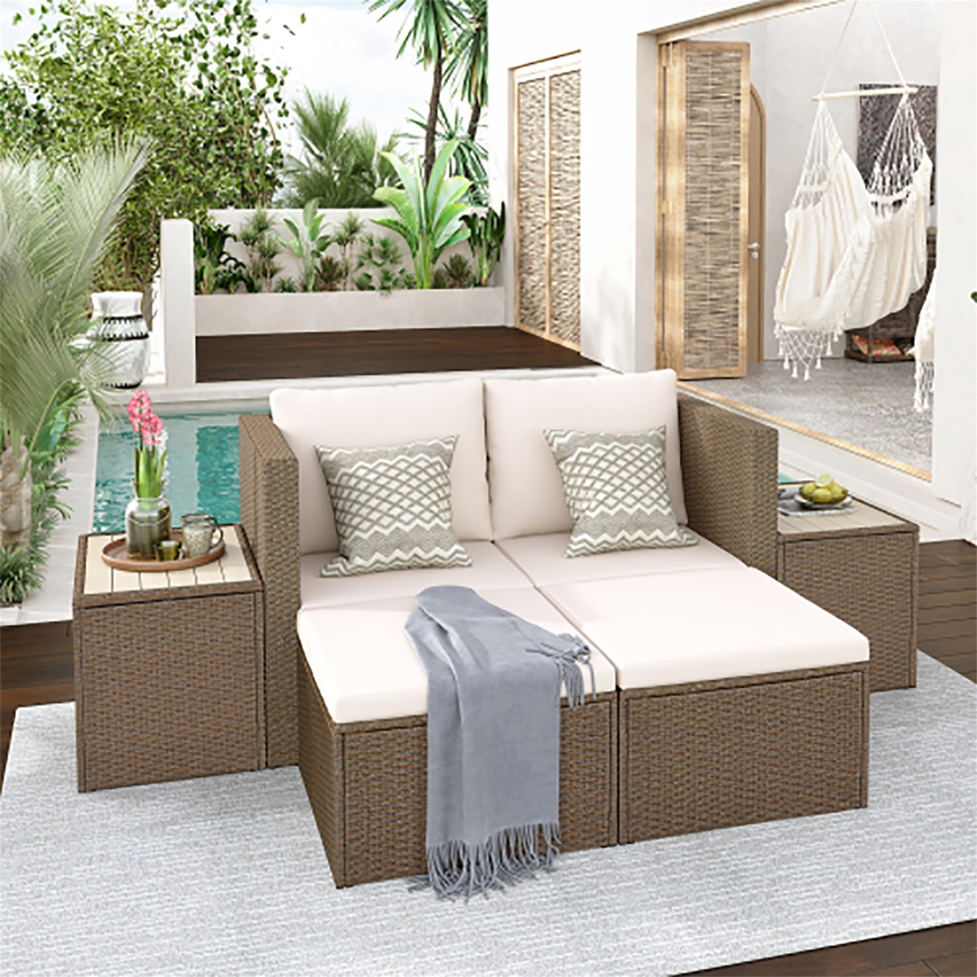 Kadyn Patio Furniture Set 6 Piece All Weather PE Wicker Rattan Outdoor Combo Sofa with Rectangular Table and Chairs for Backyard Porch, Brown Wicker, Brown Wicker + Beige Cushions Kadyn Patio Furniture Set 6 Piece All Weather PE Wicker Rattan Outdoor Combo Sofa with Rectangular Table and Chairs for Backyard Porch, Brown Wicker, Brown Wicker + Beige Cushions
