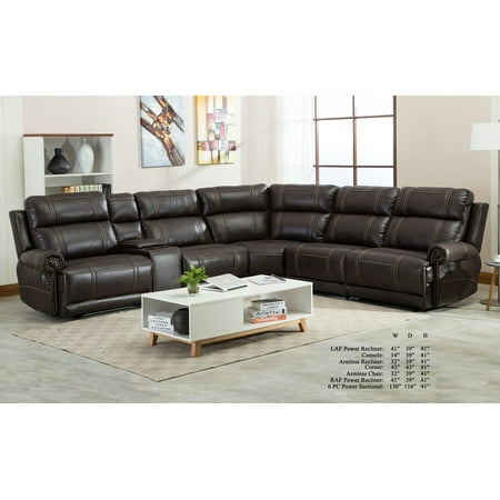 Power Motion Recliner 6pcs Sectional Sofa Set Brown Bonded Leather Cushion Recliner Chairs Corner Console Living Room