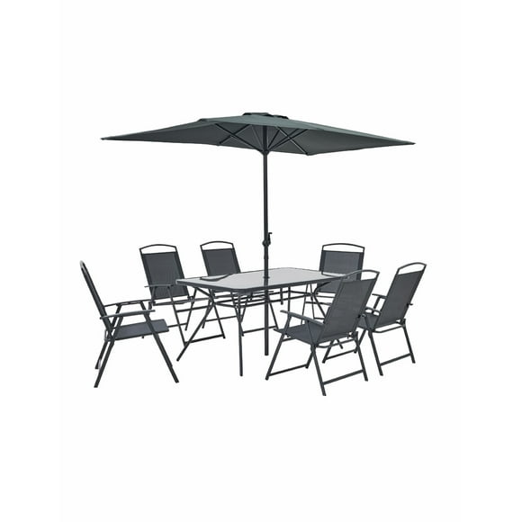 Naterial, Set Comedor Moderno para Exterior, Doma, Mesa, Sombrilla y 6 Sillas Plegables de Acero para Jardín