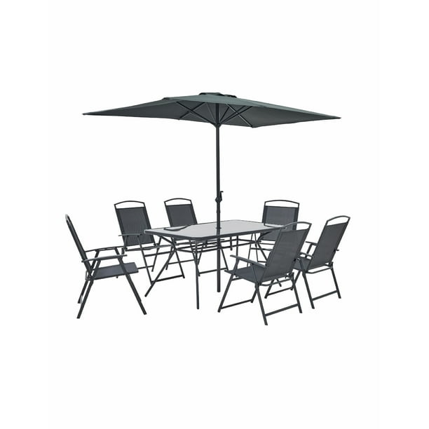 Naterial, Set Comedor Moderno para Exterior, Doma, Mesa, Sombrilla y 6 Sillas Plegables de Acero para Jardín
