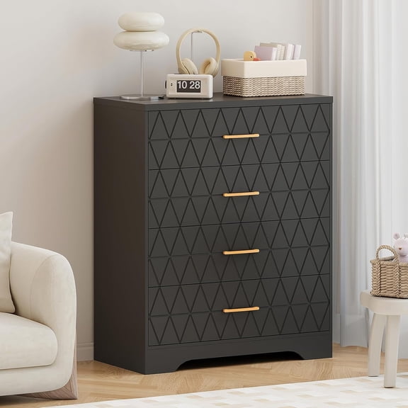 Tall 4 Drawer Dresser, Wood Chest of Drawers with Metal Handles, Storage Cabinet with Smooth Slides and Anti Tip Kit for Bedroom Closet Living Room Hallway,Black