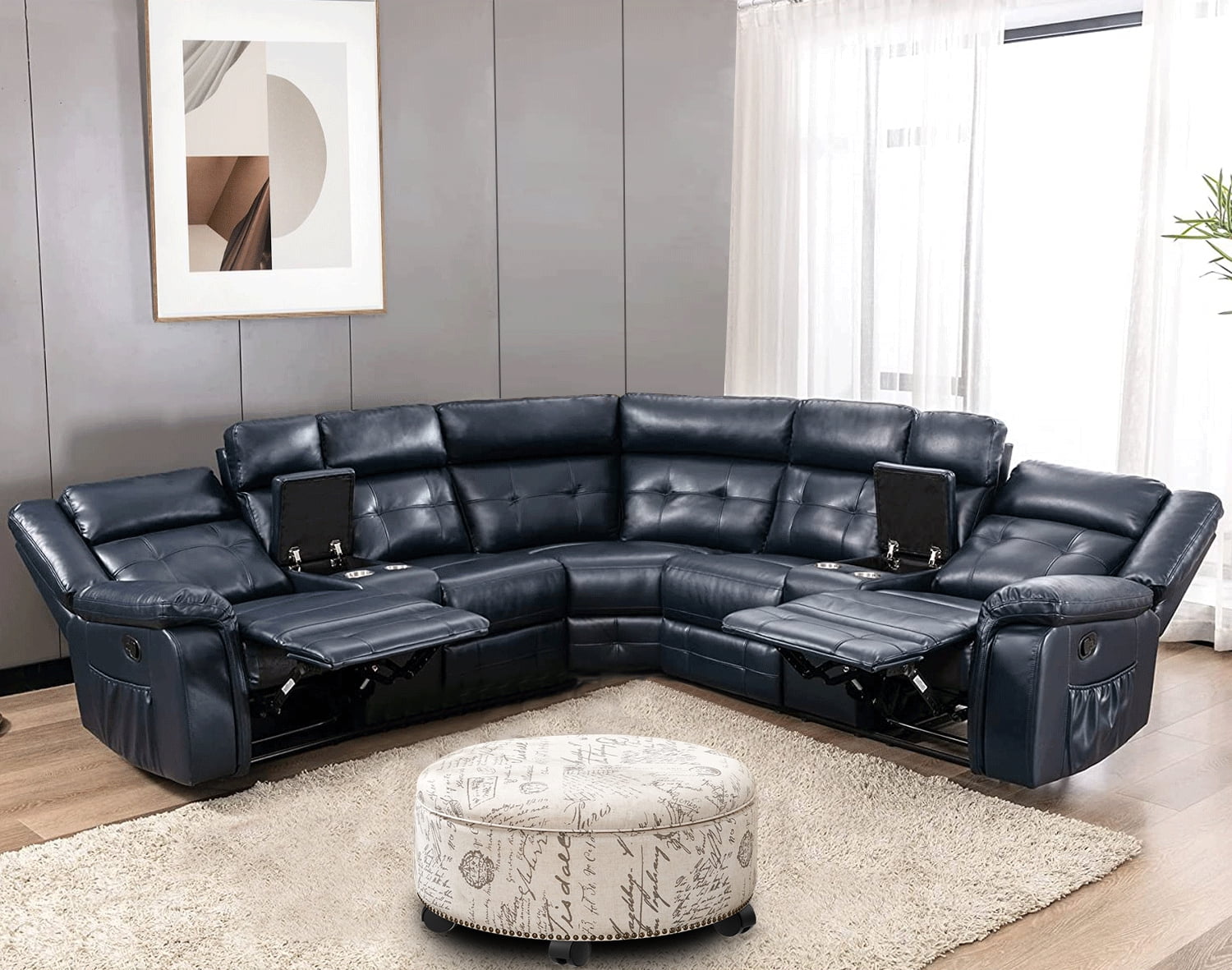 Nathaniel Home Modern Bonded Leather Reclining Sectional Sofa Living Room Set Deep Blue