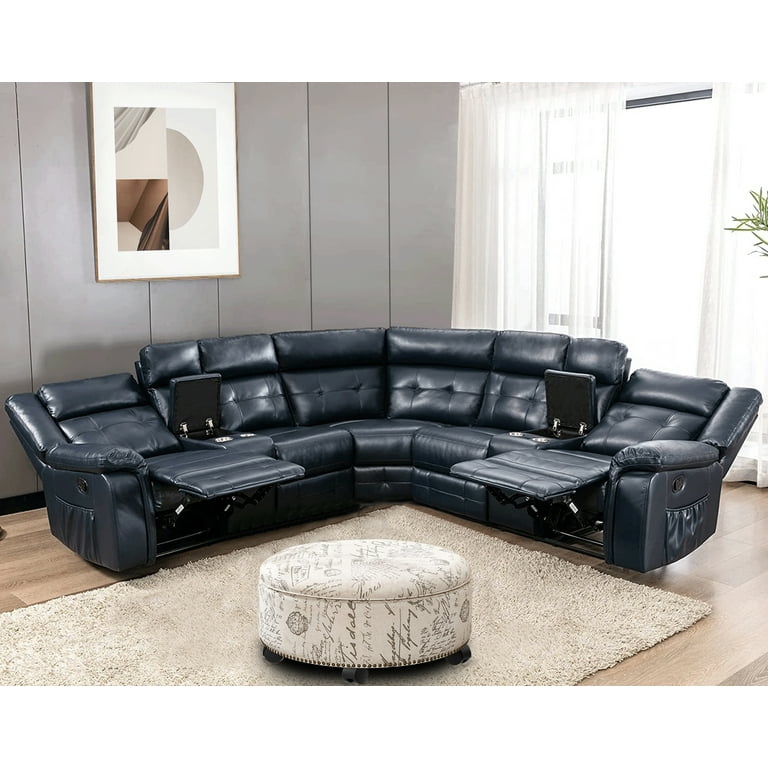 2 Piece Living Room Set PU Leather Sectional Sofa Set with Caster Ottoman 5 Seater Home Theater Sofa with Beige Storage Ottoman Reclining Couch with Cup Holders Deep Blue Walmart