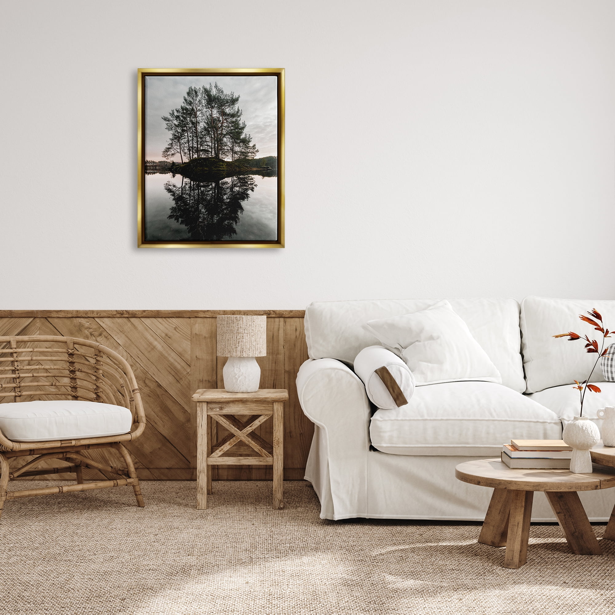 Stupell Industries Tree on Lake Landscape Nature Photography Gold Floater Framed Art Print Wall Art, 25 x 31