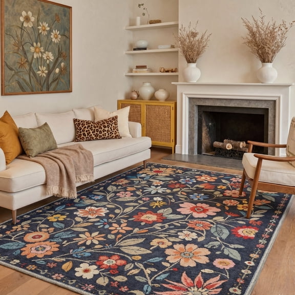 KUETH 8X10 Vintage Floral Area Rugs Machine Washable Rugs for Living Room, Non Slip Flat Pile Rug with Rubber Backing, Boho Rug for Entryway Bedroom Dining Room Home Office