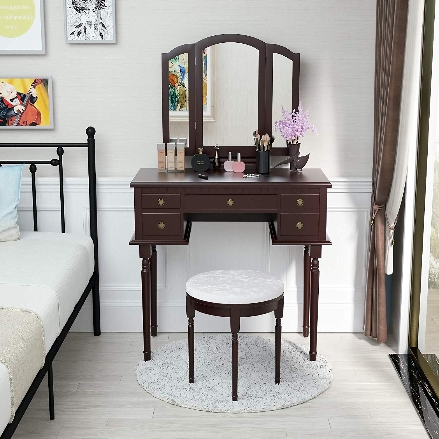 Mecor Vanity Table Set w/Tri-Folding Mirror,Wood Makeup Table and Round 