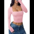 thumbnail image 1 of Camisas de Cuello Cuadrado para Mujer, Camisetas de Larga Ajustadas para Salir Rosa M, 1 of 7