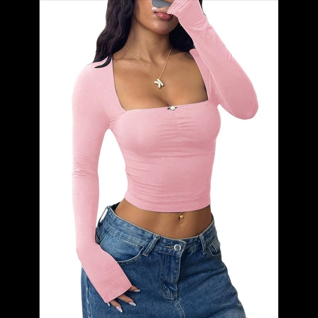 Camisas de Cuello Cuadrado para Mujer, Camisetas de Larga Ajustadas para Salir Rosa M