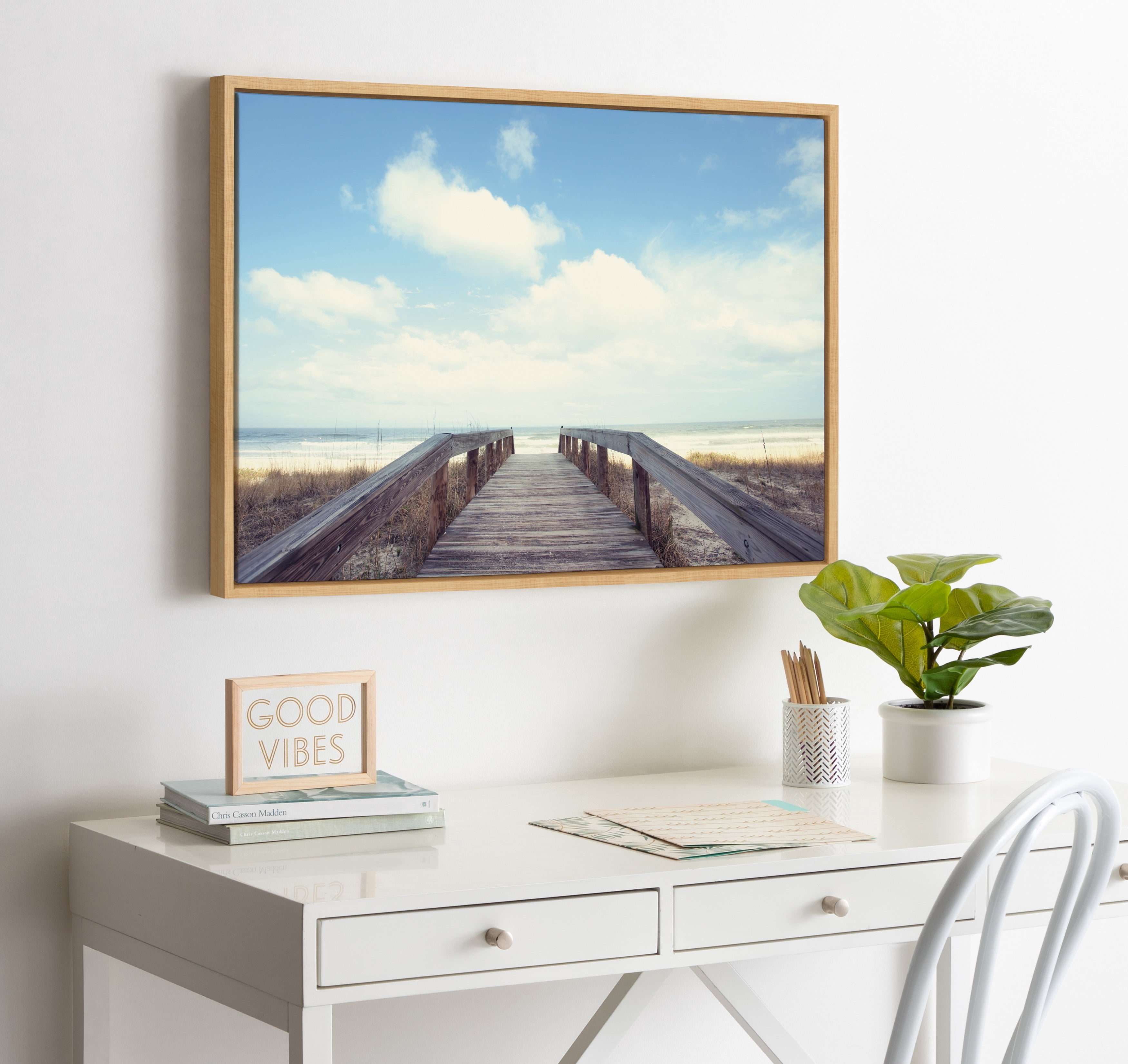 DesignOvation Sylvie To The Beach Framed Canvas Wall Art by Matthew Meyer, 23x33 Natural, Coastal Beach-Inspired Home Decor