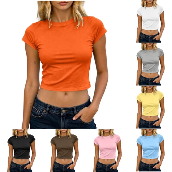 VBVC Women's Crew Neck Short Sleeve Crop Top,Ladies Slim Fit Basic T-Shirt,Stretchy Casual Y2K Baby Tee For Women,Black,S-2XL