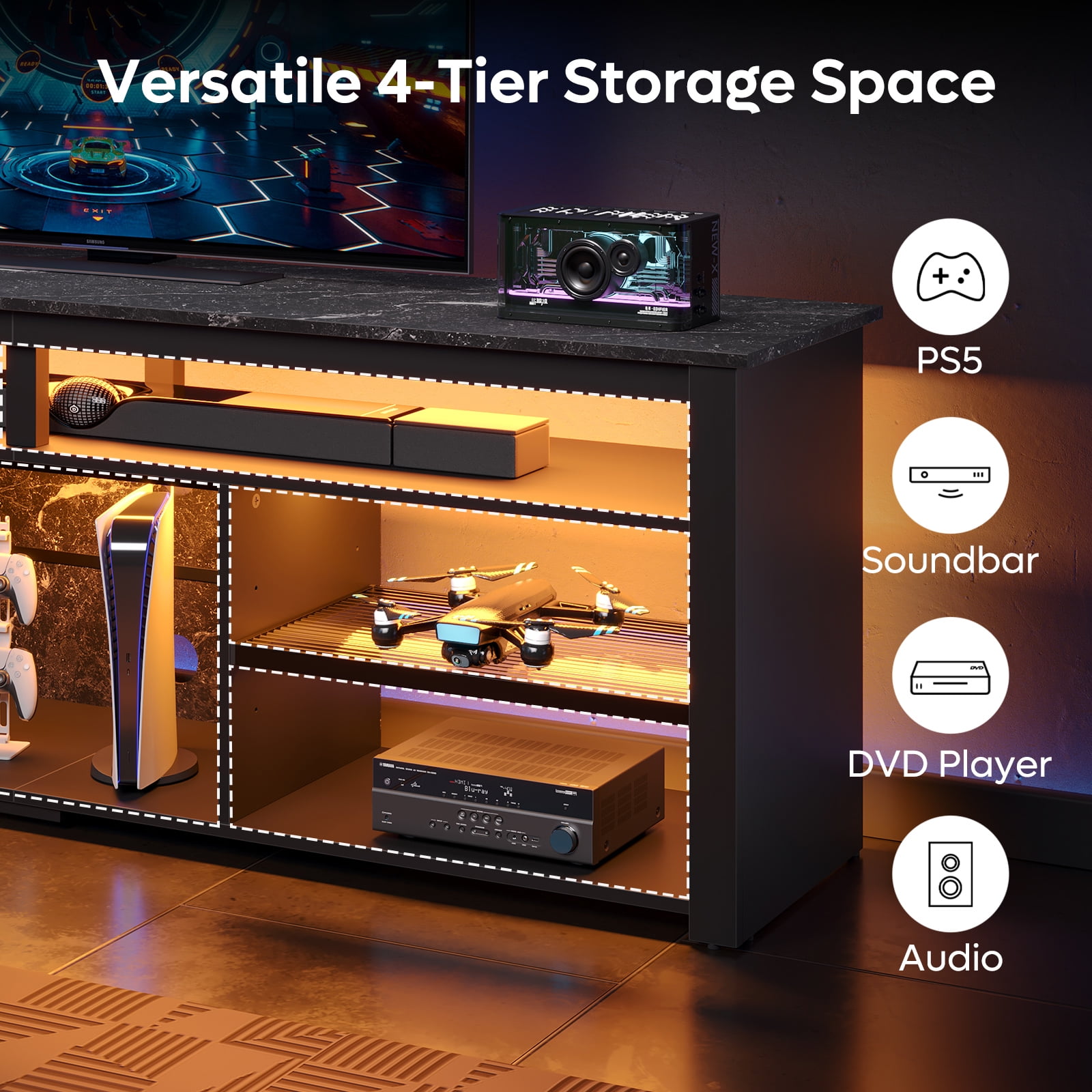 Bestier LED TV Stand for 75" TVs,Gaming Entertainment Center for PS5,Modern TV Stand for Living Room,Tall TV Stand with Storage Shelves, Black Marble