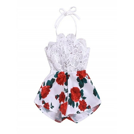 

Newborn Infant Baby Girls One Piece Breeches Sleeveless Lace Halter Tops Floral Printed Wide Leg Shorts Casual Loose Rompers